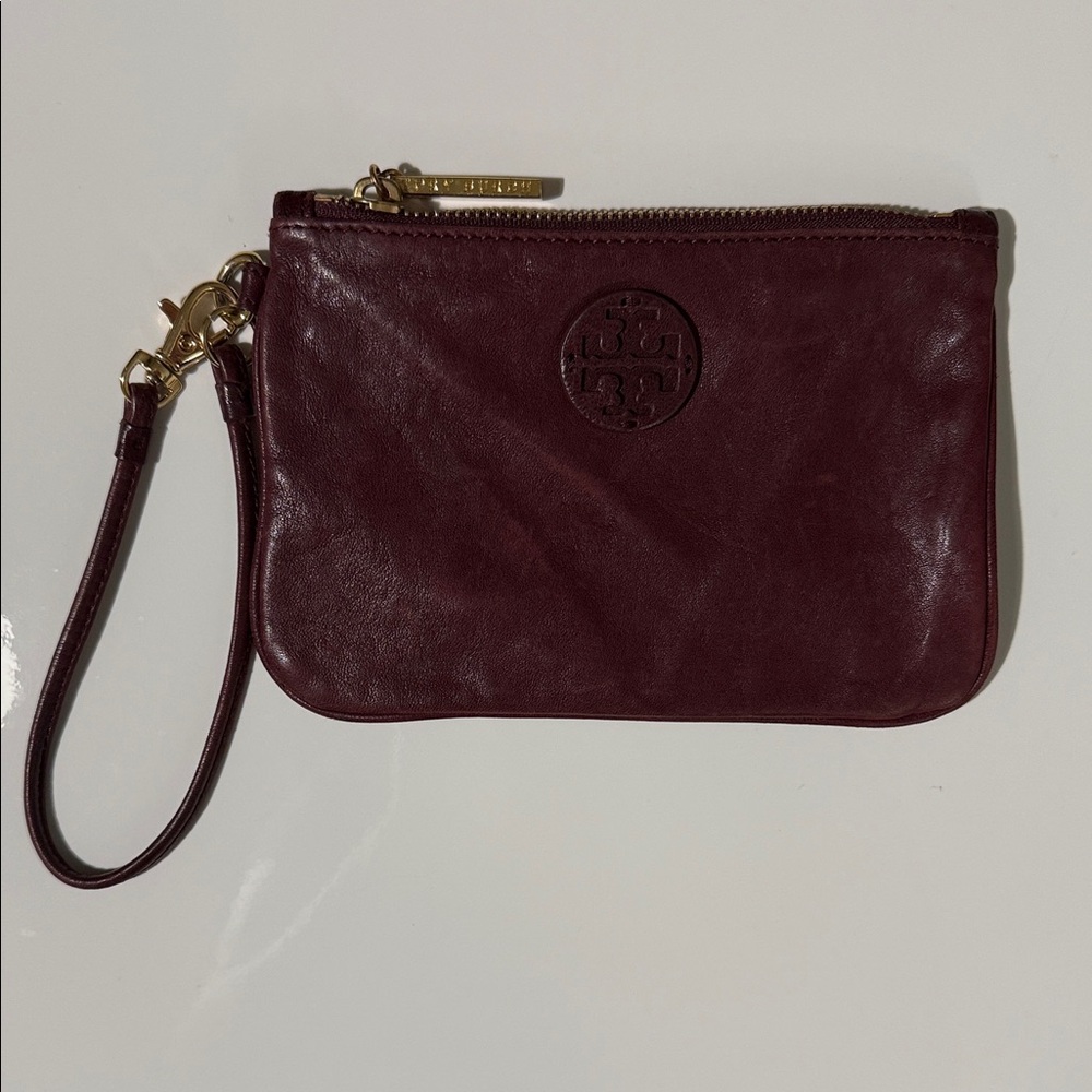 Tory Burch Burgundy Leather Wristlet Clutch